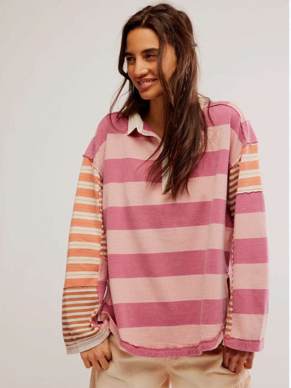 Free People We The Free Aster Stripe Tee in Farm Combo pink stripe Size XS